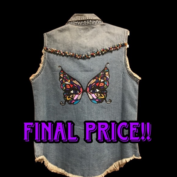 One of a Kind Butterfly Mask Sleeveless Denim Shirt - Picture 1 of 7
